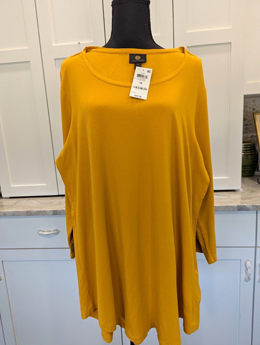 JM Collection Yellow Scoop Neck 3/4 Sleeve Stretch Knit Top Plus 1X